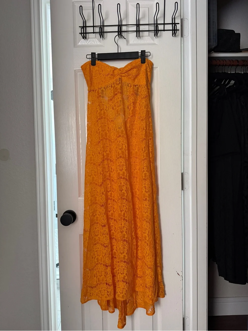 Eliou Strapless Orange Lace Maxi Dress